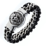 Black Leather Steel Wolf Chain Bracelet