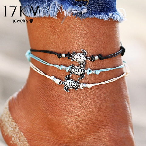 17KM Vintage Multiple Layers Anklets for Women Bohemian Retro Turtle Rope Anklet Sexy Beach Bracelet Chain Animal Foot Jewelry